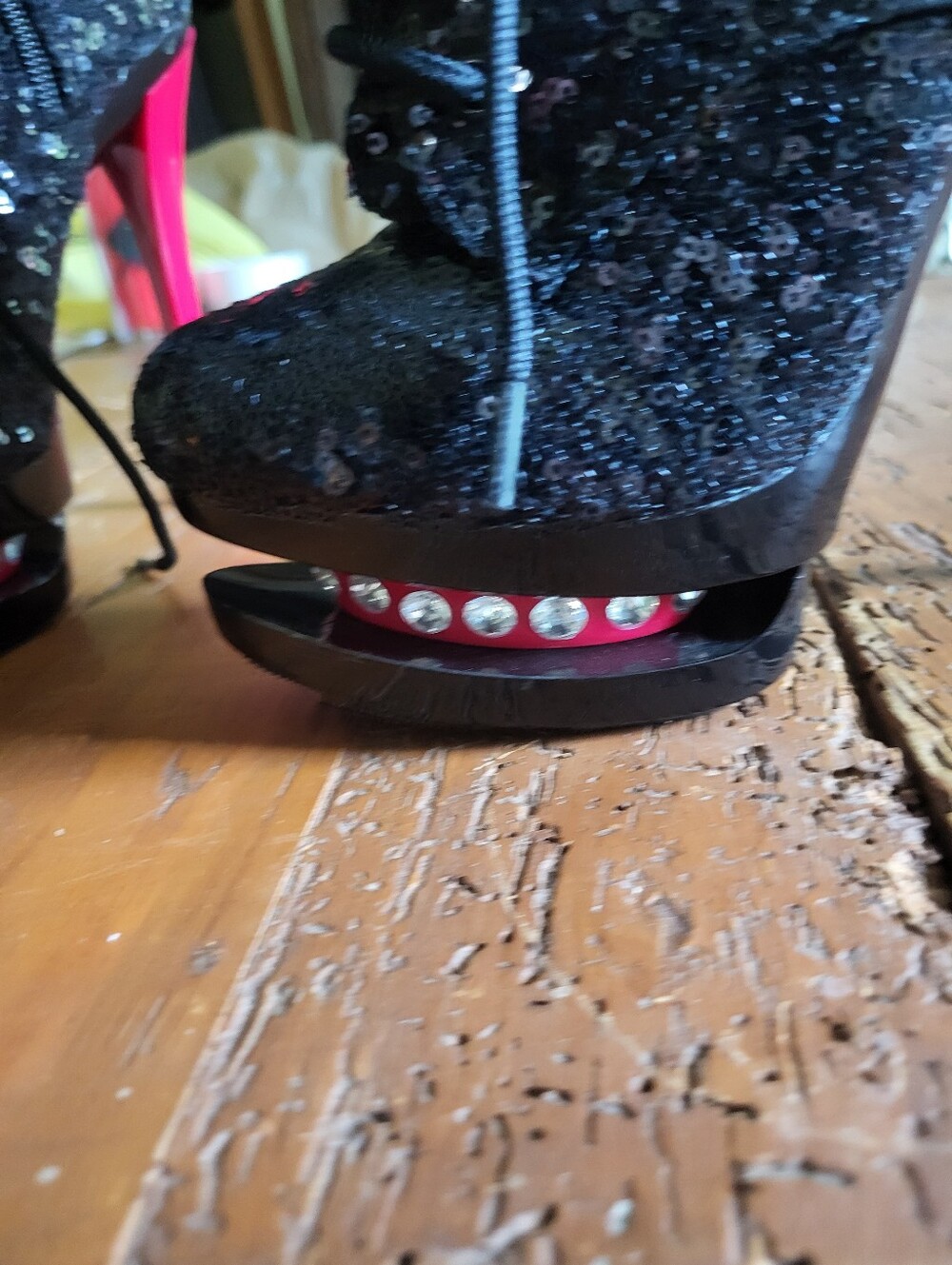 Pleaser Black Sequin Lace-Up Platform Booties with Red Heel - Picture 3 of 11